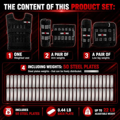 Weighted Vest Set 44LB for Men & Women, Adjustable Workout Weight Vest with Steel Plates, Weighted Training Vest with Wrist Weights and Ankle Weights for Strength Training, HIIT, Rucking & Cardio - color: Adjustable Weighted Vest Set 22LB