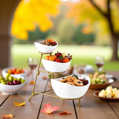 3 Tiered Oval Serving Bowl with Collapsible Metal Rack, Chip and Dip Serving Set, Dessert Appetizer Bowl Set (45oz / 17.5oz / 7oz), White Serving Bowls For Entertaining (Gold Stand)