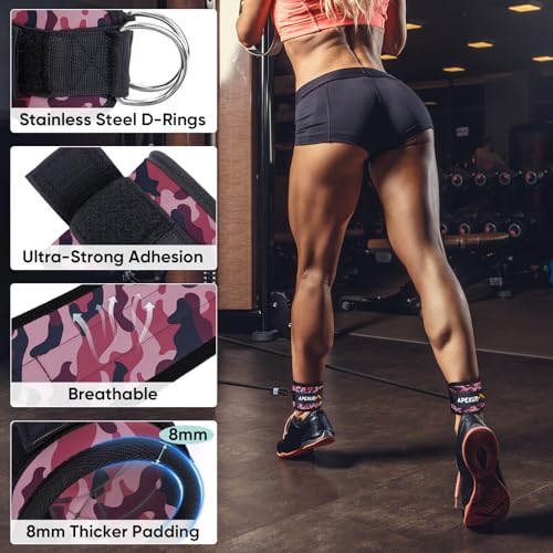 APEXUP Ankle Strap for Cable Machine, Ankle Resistance Bands, Cable Kick Back Ankle Straps for Gym, Glute Workouts, Leg Extensions, Adjustable Straps with Neoprene Padding - color: Pink Camo, style: Pair