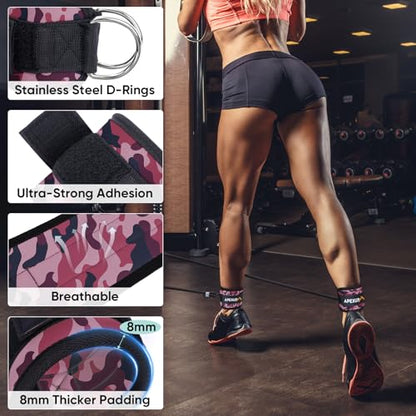 APEXUP Ankle Strap for Cable Machine, Ankle Resistance Bands, Cable Kick Back Ankle Straps for Gym, Glute Workouts, Leg Extensions, Adjustable Straps with Neoprene Padding - color: Pink Camo, style: Pair