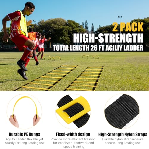 2 Pack Agility Ladder, Soccer Speed Training Equipment Set with Total 26 ft Agility Ladder, 12 Cones, 4 Adjustable Hurdles, Jump Rope, for Soccer, Basketball, Football, Kids, Youth, Adults - color: 1.Yellow