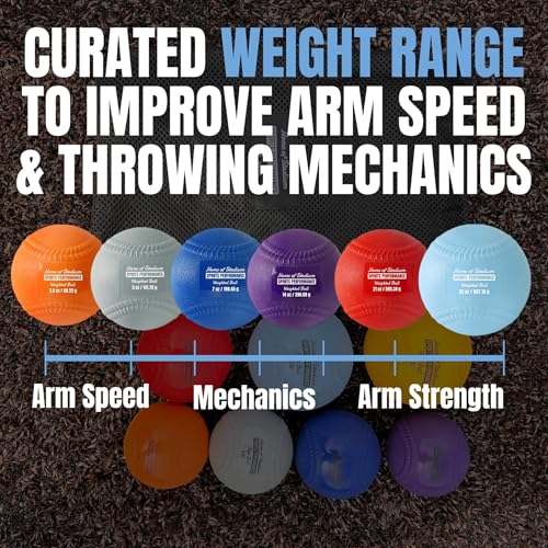 Set of 6 Weighted Balls with Seams & Free Throwing Program | Throwing Arm Strength & Velocity Training | 3.5oz, 5oz, 7oz, 14oz, 21oz, 32oz | Carry Bag Included