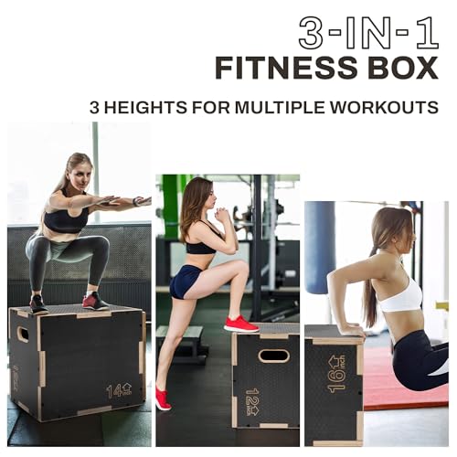 Fitvids 16" x 14" x 12" Non-Slip Wooden Plyo Box Jump Exercise Platform, Plyometric Workout Equipment for Home Gym, Training Step Box, Black - size: 16" x 14" x 12"