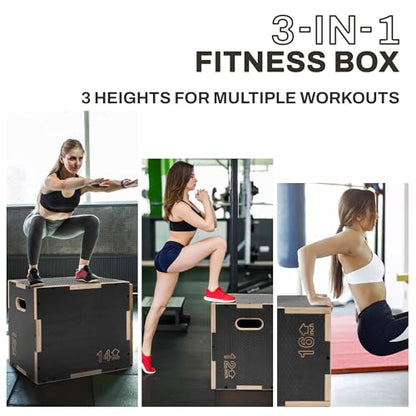 Fitvids 16" x 14" x 12" Non-Slip Wooden Plyo Box Jump Exercise Platform, Plyometric Workout Equipment for Home Gym, Training Step Box, Black - size: 16" x 14" x 12"