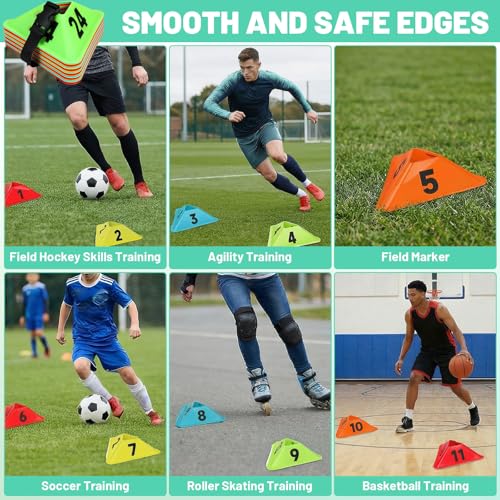 24 Pack Numbered Sports Cones, 1-24 Soccer Training Cones Flexible Agility Cone Soft Field Cone for Gym Games Sports Training Equipment