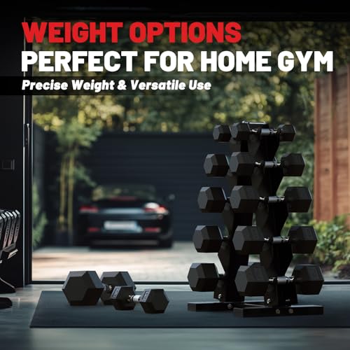 PAPABABE Hex Dumbbell Sets with Rack, 100-600lb Rubber Coated Dumbbell Weight Set and Storage Rack, Multiple Options Hand Weights for Strength Training - style: 150 lb Set (Pair of 5, 10, 15, 20, 25 lb with Rack)