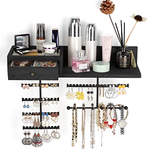 Jewelry Organizer Hanging Wall Mounted Jewelry Holder with Rustic Wood Drawer & Large Capacity Storage Shelf Rack Display for Earrings Rings Necklaces Bracelet(Black) - color: Black