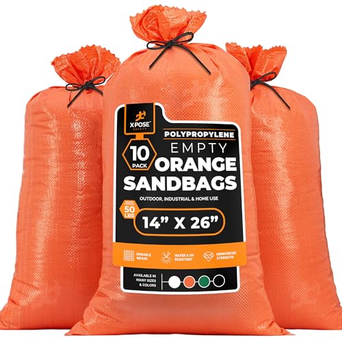 Xpose Safety Heavy Duty Sand Bags with Tie Strings – Empty Woven Polypropylene Sandbags for Hurricane Flood Protection, 50 lb Capacity, 14" x 26", Orange, Pack of 10 - color: Orange, size: 10 Sandbags