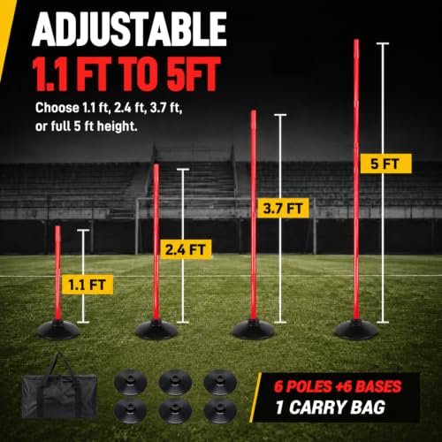6 Pcs 5 FT Adjustable Agility Training Poles for Soccer,Basketball,Football, Horse,Dog-Speed and Agility Training Equipment Sports Training Poles with Rubber Bases and Bag - color: red