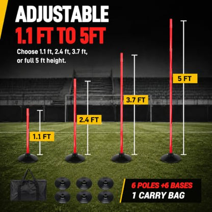 6 Pcs 5 FT Adjustable Agility Training Poles for Soccer,Basketball,Football, Horse,Dog-Speed and Agility Training Equipment Sports Training Poles with Rubber Bases and Bag - color: red