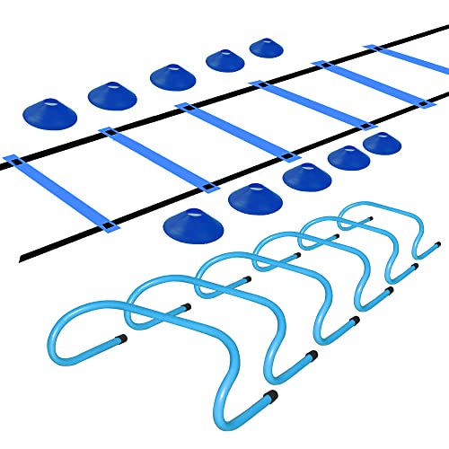 TNZMART Agility Ladder and Disc Cones Training Set Adjustable Rungs Training Ladder with 10 Plastic Sport Cones for Training - color: Blue, 6 hurdles