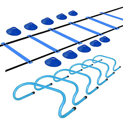 TNZMART Agility Ladder and Disc Cones Training Set Adjustable Rungs Training Ladder with 10 Plastic Sport Cones for Training - color: Blue, 6 hurdles