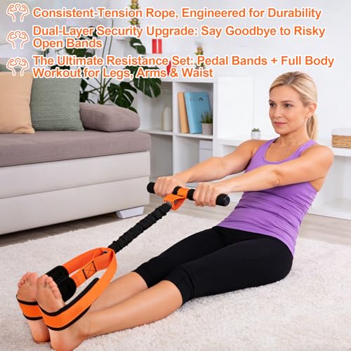 Pedal Resistance Band with Handle, 50 LBS Thickened Latex Tube Pedal Resistance Band with Soft Non-Slip Foam Foot Pedals for Women,Tension Rope Trainer for Abs,Legs,Home Gym Workout Equipment (Orange)