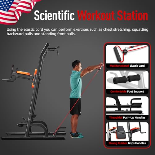 Multifunction Power Tower with Bench, Heavy Duty Pull Up Bar Dip Station for Home Gym Workout Strength Training Fitness Equipment