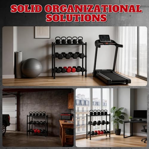 Sturdy Dumbbell Rack for Home Gym Storage | Adjustable Tiered Weight Rack | 3-Tier Metal Black Powder-Coated | Ideal for Dumbbells, Kettlebells, and Medicine Balls Storage