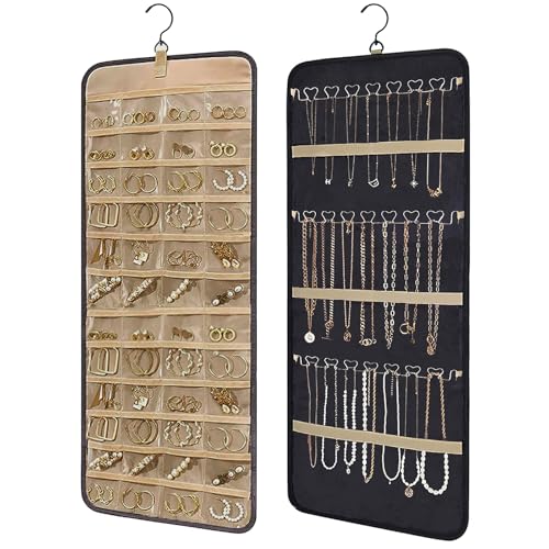Hanging Jewelry Organizer with Hanger Metal Hooks,Wall Jewelry Holder for Earrings Necklaces Rings Bracelet,Double-Sided Closet Jewelry Storage Roll,Black