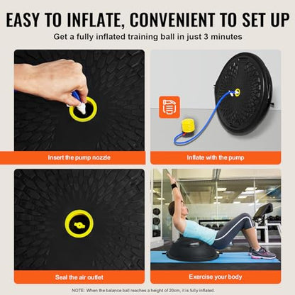 VEVOR Half Exercise Ball Trainer, 23/26 inch Balance Ball Trainer, 1500lbs Capacity Stability Ball, Yoga Ball with Resistance Bands & Foot Pump, Strength Fitness Ball for Home Gym Full Body Workout - color: 26" Waterflow Black