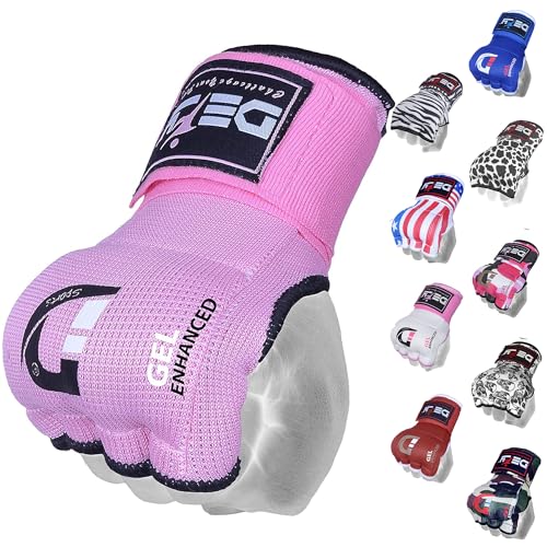 DEFY Padded Inner Gloves Quick 75cm Long Strap – Inner Boxing Gloves Gel Padded Knuckle Protection – Elasticated Boxing Hand Wraps for MMA Muay Thai Kickboxing Martial Arts Pair - color: Pink, size: Large