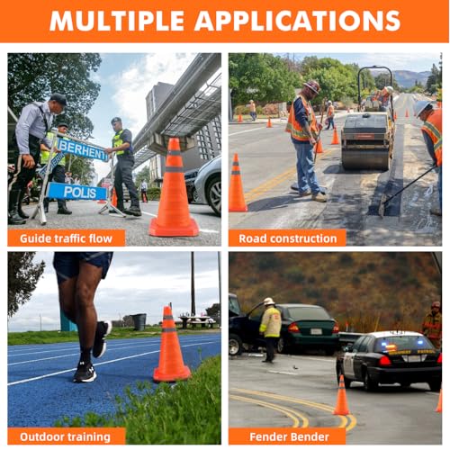 18 Inch 3 Pack Collapsible Traffic Safety Cones, Orange Cones with Reflective Collar, Portable Multipurpose Traffic Cones for Parking Construction Driving Training Sports Practice - size: 18” - 3PACK