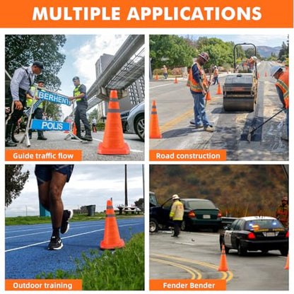 18 Inch 4 Pack Collapsible Traffic Safety Cones, Orange Cones with Reflective Collar, Portable Multipurpose Traffic Cones for Parking Construction Driving Training Sports Practice - size: 18” - 4PACK