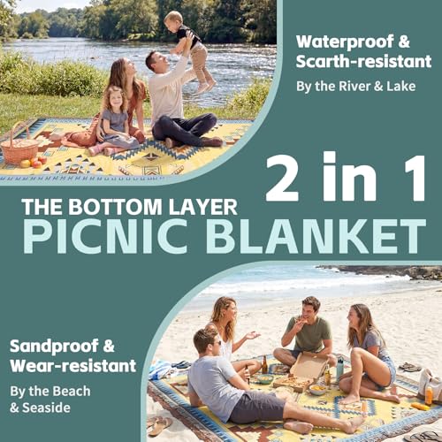 2 in 1 Extra Large Camping Blanket Outdoor Rug Picnic Yoga Mat Lightweight Car Essential Roadtrip Gadget Rv Accessories Glamping Gear Must Haves Hiking Stuff Backpacking Necessities Women Beach Gift - color: Boho Yellow