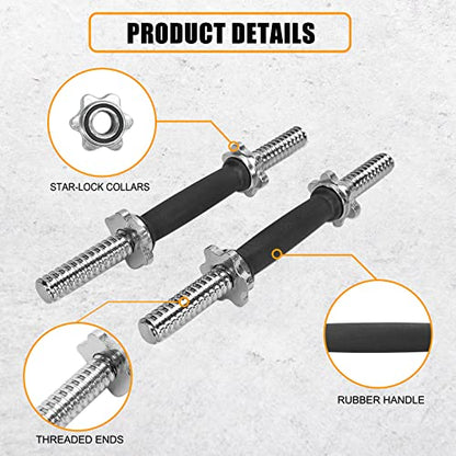 Threaded Dumbbell Rubber/Chrome Handles 1 Inch Pair, Adjustable Dumbbell Bar Handles, Fits Standard Weight Plates with 1” Diameter, for Gym Workouts, Exercise, Weightlifting, Sold in Pair