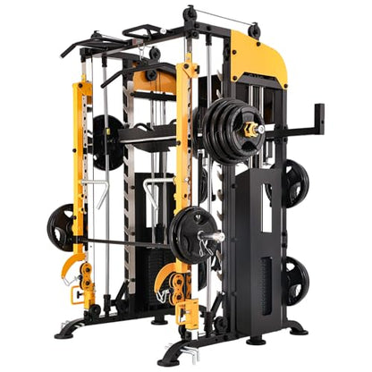 3061B Smith Machine with Adjustable Lever Arms, 2:1 Pulley Ratio All-in-One Home Gym System, Commercial Grade Squat Rack with Dual 440lbs Weight Stacks & Attachment (Safe Solo Training)