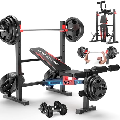 OPPSDECOR 900 LBS Weight Bench Set with Squat Rack, Adjustable Bench Press Set with Leg Extension and Leg Curl, Foldable Flat/Incline/Decline Workout Bench for Home Gym
