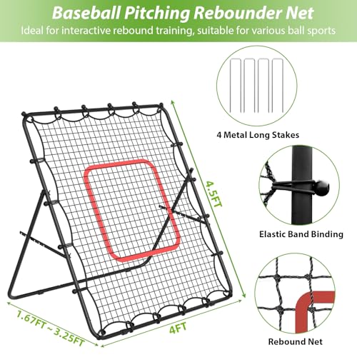 LIANTRAL Baseball Rebounder Net 4 x 4.5FT - Portable Bounce Back Trainer for Soccer, Volleyball, Softball & Lacrosse, Adjustable Pitching Net for Shooting, Passing & Control Training, Black