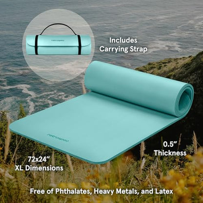 Retrospec Solana Yoga Mat Thick 1/2in Non-Slip Workout Mat with Nylon Strap - 72x24in Exercise Mat for Pilates, Stretching & Fitness - BPA Free, Easy Clean - color: Blue Ridge