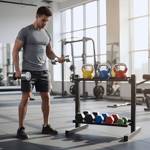 FEBTECH Heavy-Duty 2-Tier gym storage rack for Kettlebells, Compact kettlebell rack design as weight rack for home gym, steel weight storage racks organizer with secure weight holder Black