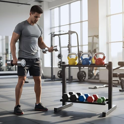 FEBTECH Heavy-Duty 2-Tier gym storage rack for Kettlebells, Compact kettlebell rack design as weight rack for home gym, steel weight storage racks organizer with secure weight holder Black