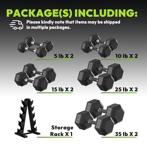 HANDBODE Hex Dumbbell Sets with Rack, 100-165 lb Rubber Encased Dumbbells for Strength Training, Exercise & Fitness, Home Gym Weight Set with Rack - style: 180 lb (5, 10, 15, 25, 35 lb) X 2 & Rack