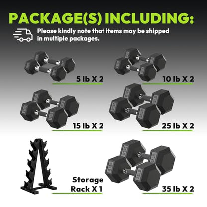 HANDBODE Hex Dumbbell Sets with Rack, 100-165 lb Rubber Encased Dumbbells for Strength Training, Exercise & Fitness, Home Gym Weight Set with Rack - style: 180 lb (5, 10, 15, 25, 35 lb) X 2 & Rack