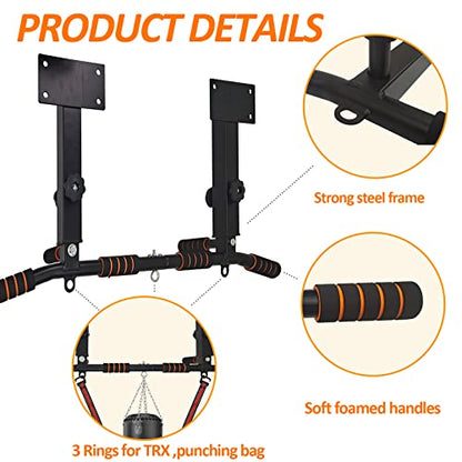 Wall Mounted Pull Up Bar and Dip Station, Heavy Duty Wall Mount Pull-up Chin Up Bar Multifunctional Home Gym Workout Indoor Exercise Equipment Support to 440 Lbs