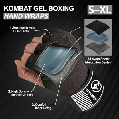 Kombat Gel Boxing Hand Wraps, Padded Inner Gloves for Men & Women, 75cm Quick Wrist Wraps, Knuckle & Wrist Protection for Muay Thai, MMA, Kickboxing, Martial Arts, Punching Training