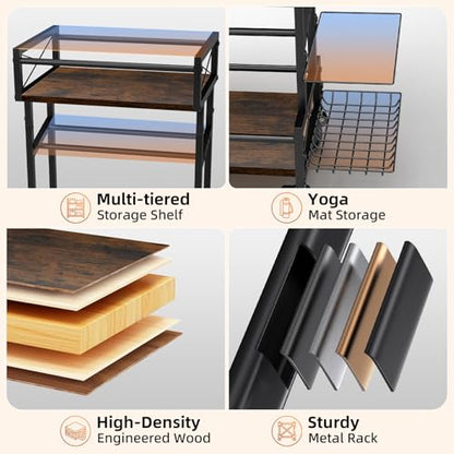 4 Tier Home Gym Storage Rack with Wheels, Yoga Mat Rack Small Dumbbell Weight Rack, Multi-Functional Wood Metal Gym Equipment Storage Rack Workout Cart for Women Kettlebell Fitness Organizer