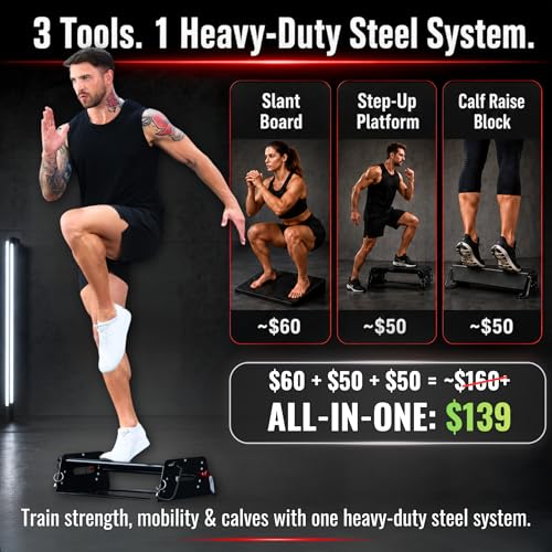 Adjustable Large Slant Board & Calf Raise Machine, 3-in-1 Heavy-Duty Steel Squat Wedge Board, 4 Angles & 3 Heights, 880 lbs Capacity for Squats, Calf Raises, Step-Ups & Ankle Mobility