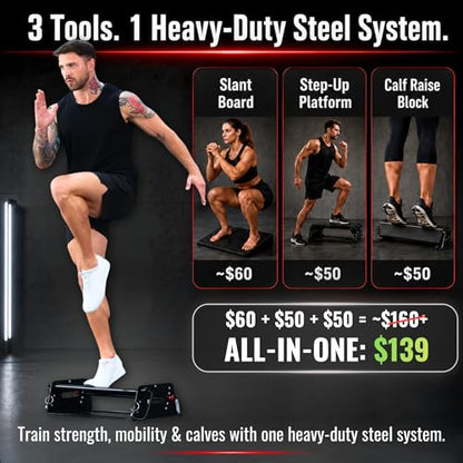 Adjustable Large Slant Board & Calf Raise Machine, 3-in-1 Heavy-Duty Steel Squat Wedge Board, 4 Angles & 3 Heights, 880 lbs Capacity for Squats, Calf Raises, Step-Ups & Ankle Mobility