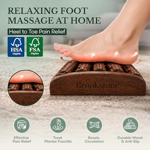 Brookstone Foot Massager Roller Plantar Fasciitis Pain Relief - Wooden Under Desk Feet Massage - Dual Manual Heel Massagers - Wood Rolling Acupressure Tool with Reflexology Guide - Gift for Men, Women