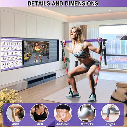Portable Pilates Bar Kit with Resistance Bands for Men and Women - 3 Set Exercise Resistance Bands - Multifunctional Home Gym - Supports Full-Body Workouts – with Fitness Poster and Video