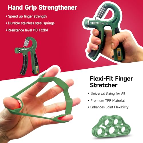FitBeast Hand Grip Strengthener Workout Kit (5 Pack), 2 Forearm Grip Adjustable Resistance Hand Gripper, Finger Stretcher, Grip Ring & Stress Relief Grip Ball for Athletes - color: Dark Green
