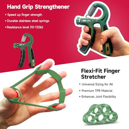 FitBeast Hand Grip Strengthener Workout Kit (5 Pack), 2 Forearm Grip Adjustable Resistance Hand Gripper, Finger Stretcher, Grip Ring & Stress Relief Grip Ball for Athletes - color: Dark Green
