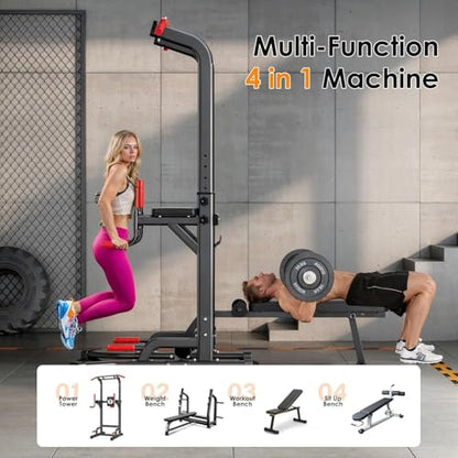 SogesHome Multi-Function Power Tower Pull Up Bar Dip Station, Home Gym Adjustable Height Fitness Workout Equipment with Foldable Dumbbell Stool, 330LB Capacity for Push-Ups, Sit-Ups, Strength Training
