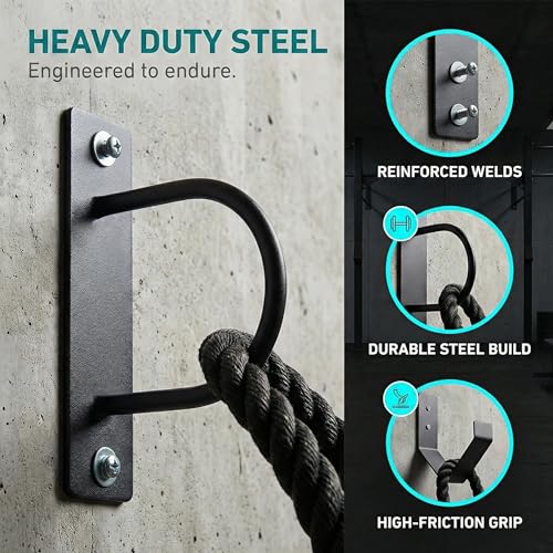 Battle Rope Wall Mount Kit - Home Gym, Garage & Studio Heavy Duty Steel Anchor + Storage Hook for 30-50ft Ropes (1"-2.5")"