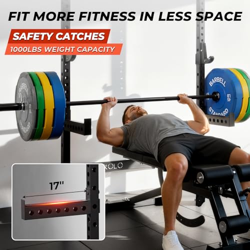 Mikolo 2" x 2" Folding Wall Mounted Squat Rack, 1000 Pounds Capacity Power Rack with Pull Up Bar, J Hooks and Other Attachments, Space-Saving Home Gym - color: Black, style: Squat Rack with Safety Catches