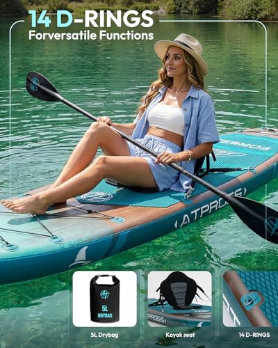 11'6"x35" Inflatable Paddle Board, 450lbs Extra Wide Stand Up Paddleboard for Adults with Premium SUP Accessories Kit & Backpack, Blow Up Kayak Non-Slip Stable Deck Boat for Yoga Fishing Surf - style: Dark Forest Wood Grain/kayak seat
