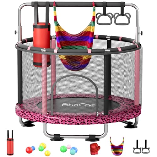 55" Toddler Mini Trampoline for Kids, Indoor Outdoor Toys with Swing, 440lbs Baby Kids Trampoline, Gymnastics Bar, Birthday Gifts for Boy Girl Age 1-8 - color: Leopard
