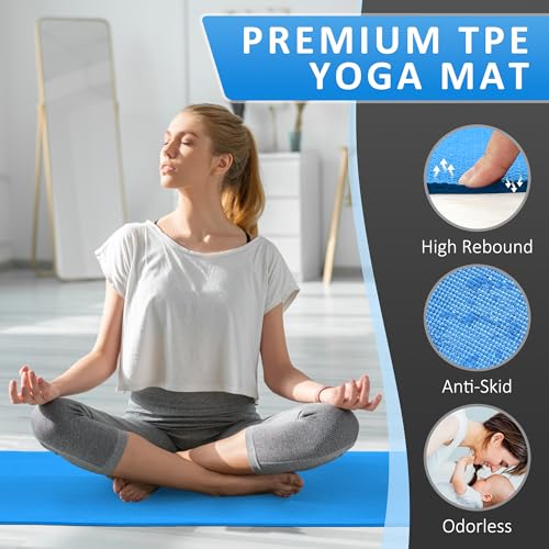 Signature Fitness All Purpose 0.25 Inch Thick High Density No Tear Exercise Yoga Mat with Strap & Lightweight Features for Indoor & Outdoor Use, Blue
