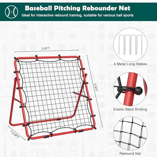 LIANTRAL Baseball Rebounder Net, Adjustable Bounce Back Trainer for Soccer, Volleyball, Softball, Portable Folding Rebounder for Passing & Shooting Practice, Volleyball Rebound Net for Kids, Red